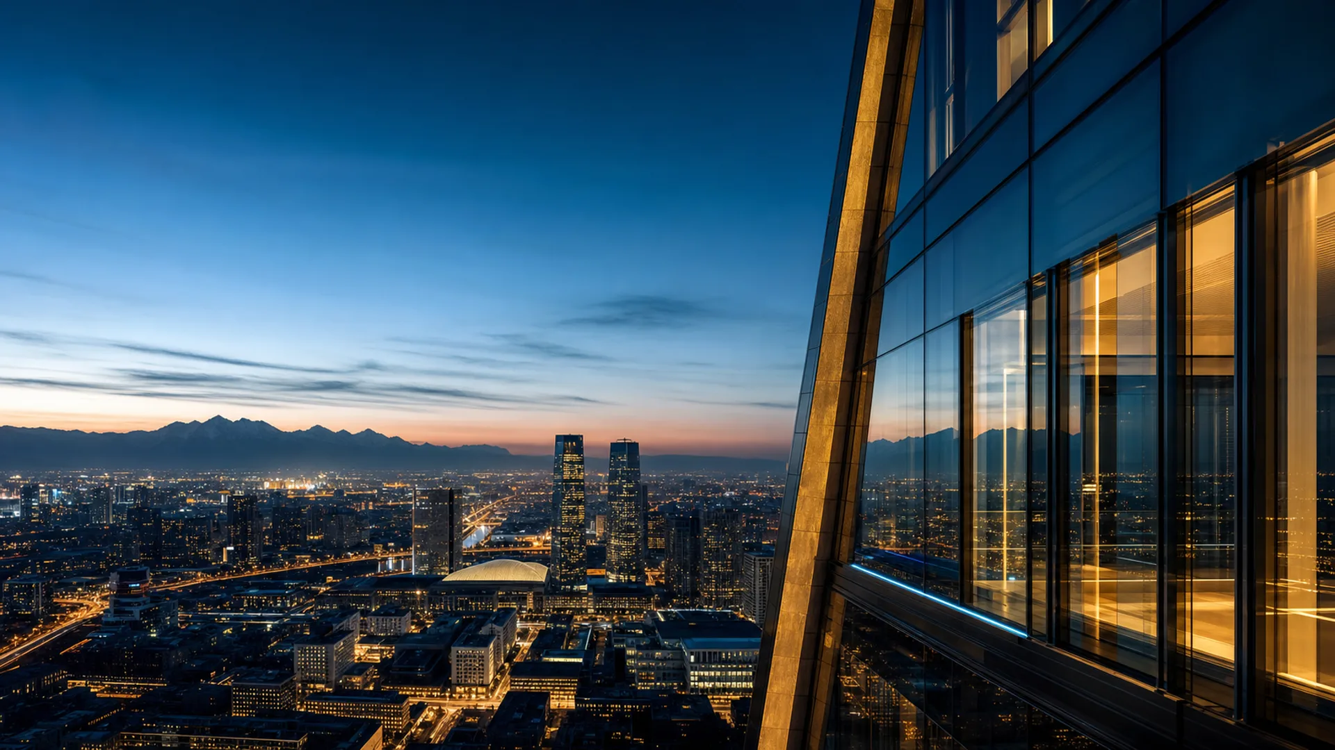 Contemporary city and mountain horizon representing long-term progress